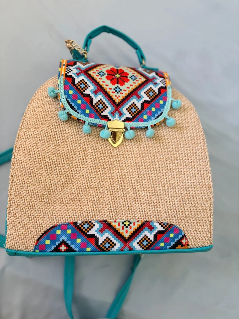 Boho Turquoise Accent Woven Backpack